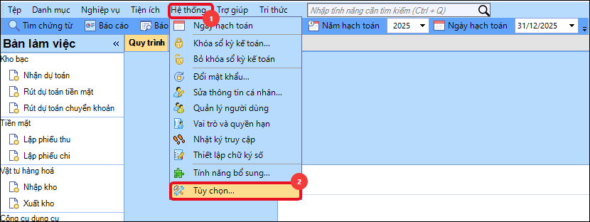 Mở màn hình Tùy chọn trên phần mềm